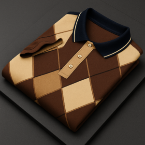 Brown & Beige Check Polo T-Shirt with Navy Collar