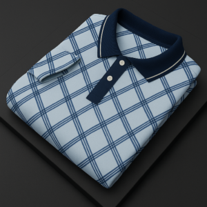 Light Blue Check Polo T-Shirt with Navy Collar