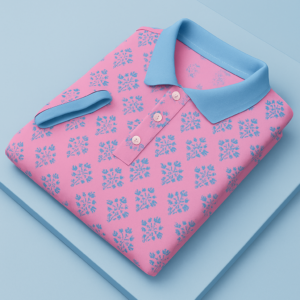 Pink Floral Polo T-Shirt with Sky Blue Collar